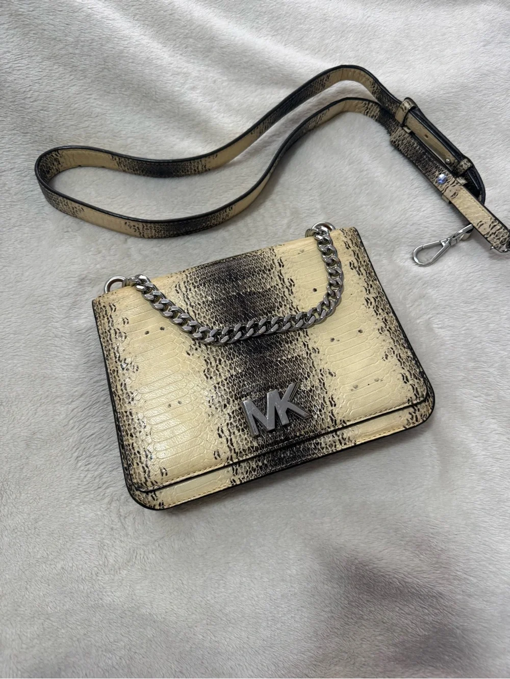 Michael Kors Cream and Black Snake-Print Crossbody with Chain